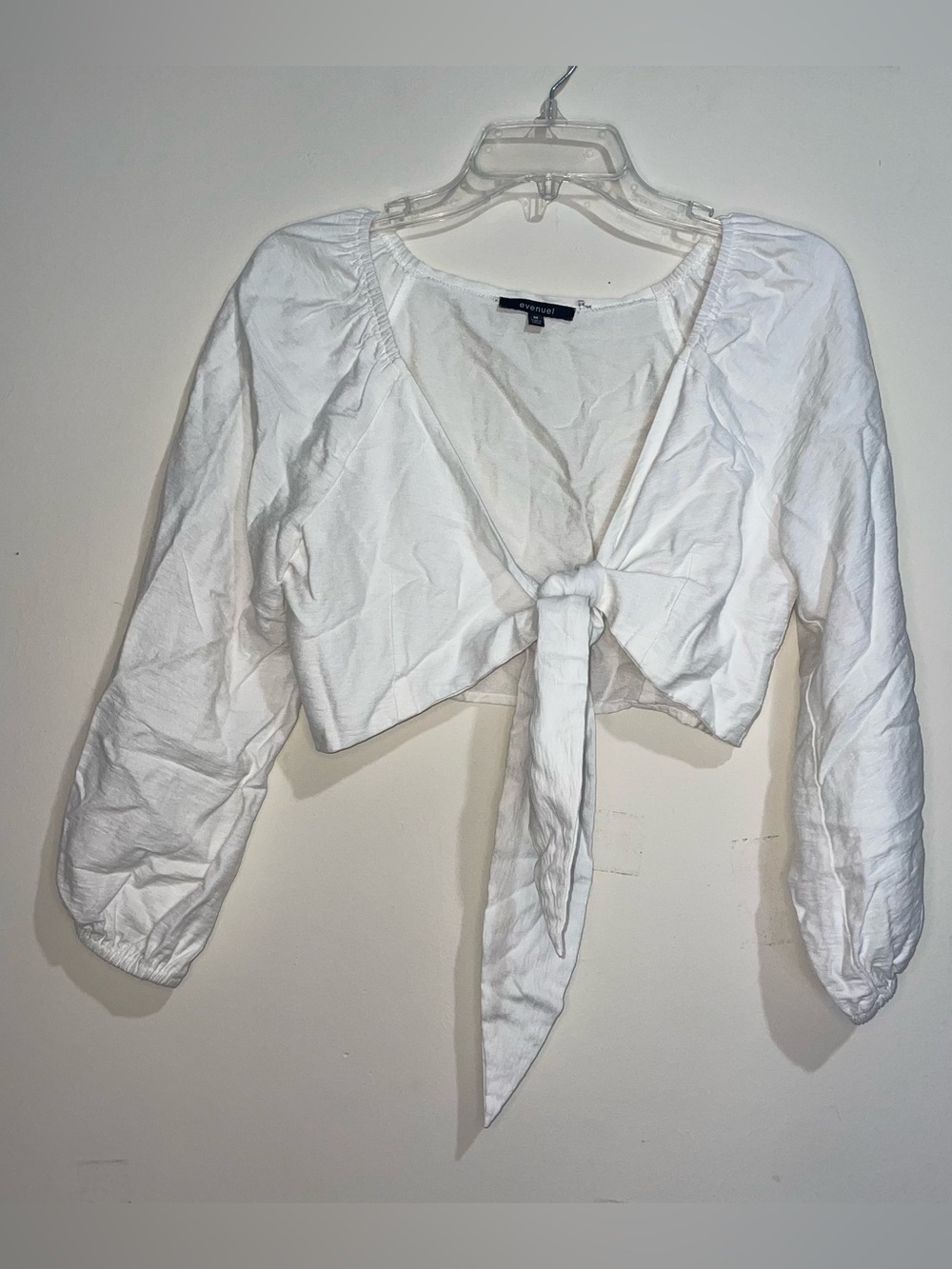 Evenuel White Tie Front 3/4 Sleeve M White Crop Top Feminine Festival